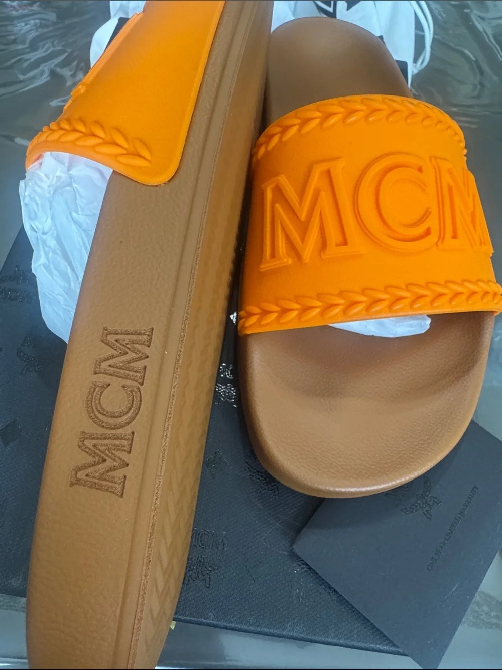 MCM Orange Strap Brown Footbed Slide Sandals